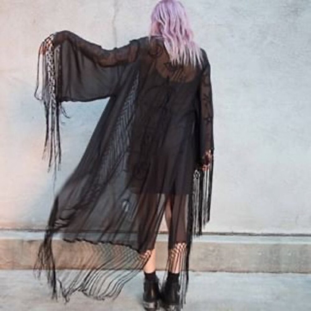 "🦋💋HOT ITEM! 💋🦋VTG 2013 UNIF Black "Wiccan" Embroidered Fringed Maxi Kimono - Picture 9 of 16